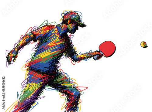 Dynamic table tennis player illustration, colorful scribble art of ping pong athlete, energetic sports action pose on white background