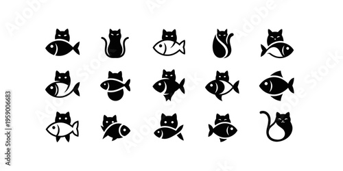 Cute cat and fish icon collection in simple outline vector style. Perfect for pet branding, animal logos, seafood themes, and modern minimalist design.