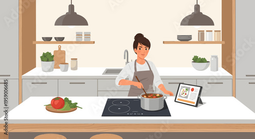 Woman cooking healthy food in modern kitchen following recipe on tablet.