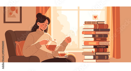 Woman reading a book in a cozy armchair.