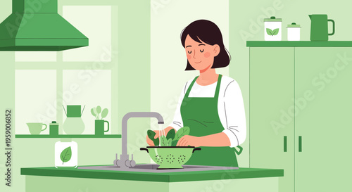 Woman washing vegetables in a modern kitchen sink.