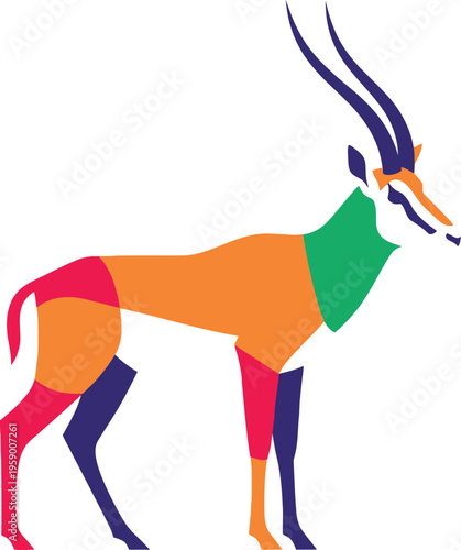 Illustration of a colorful stylized animal with long horns standing still