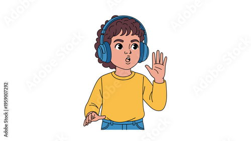 Expressive cartoon child in blue headphones, listening to music or singing with a surprised or engaged look. Vector graphic.