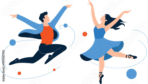 Modern dance illustration with couple dancers jumping and ballet movement, artistic performance concept, contemporary style artwork for event, poster, and promotion