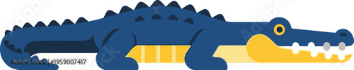 A blue and yellow alligator illustration shows the animal in profile view