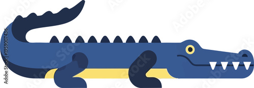 An illustration of a large blue crocodile with sharp teeth in a threatening posture