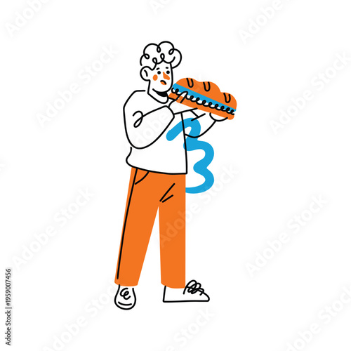 Hand drawn character eating a giant hot dog in Art style