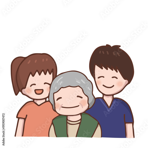 笑顔で寄り添うシニア女性とスクラブ姿の若い男女