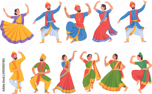 Indian traditional dance illustration with classical dancers in colorful costumes, cultural performance concept, festive celebration artwork for event, poster, design