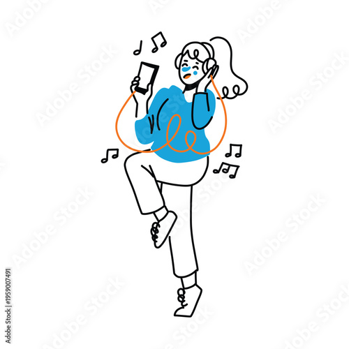 A hand drawn character listening music on phone.