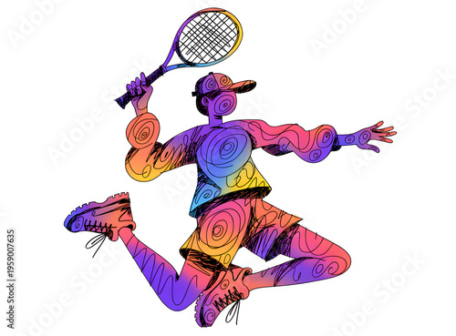 Stylized tennis player illustration with colorful swirl patterns, dynamic athlete jumping with racket, vibrant sports graphic on white background
