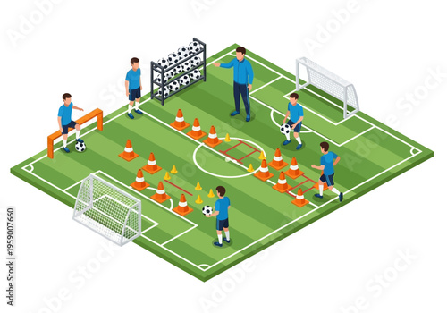 Soccer training drill with players and coach on a green pitch with cones and goals, isometric view