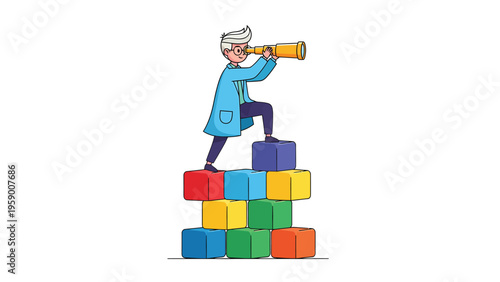 Visionary person with telescope on colorful blocks looking to the future. Foresight, strategy, discovery, research concept illustration.