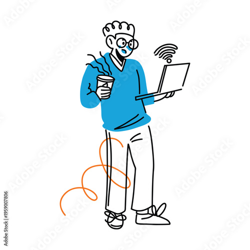 A hand drawn character holding a laptop and coffee cup