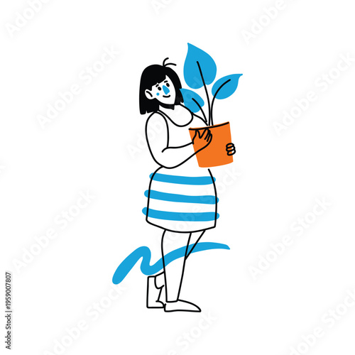 A hand drawn character holding a potted plant in Art style