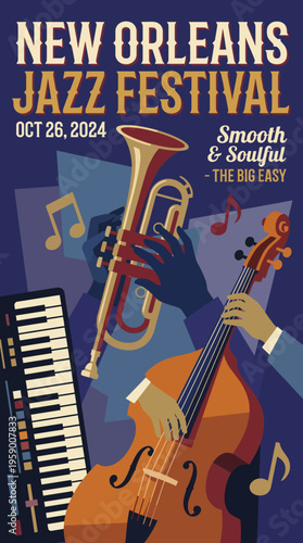 A dynamic and colorful promotional poster for the New Orleans Jazz Festival, capturing the essence of music and celebration with instruments and lively artistic touches.
