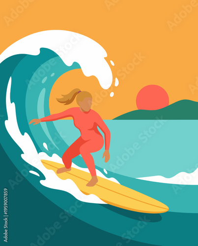 An energetic surfer skillfully riding a large wave, capturing the thrill of adventure and the beauty of nature. This dynamic image symbolizes freedom and the excitement of ocean sports.