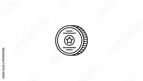 Coin Icon with Star Symbol, Outline Graphic, Vector Illustration