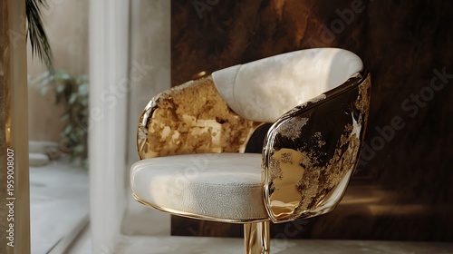 A chair with an adjustable backrest and gold accents 