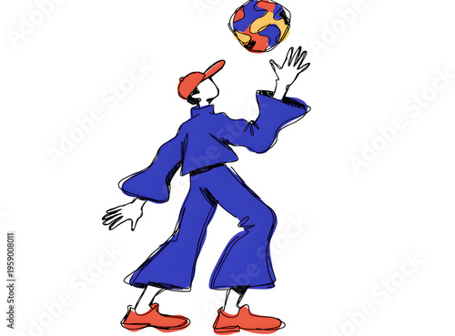 Minimalist hand-drawn illustration of person playing with ball, stylized character in blue outfit and red cap, modern artistic line drawing