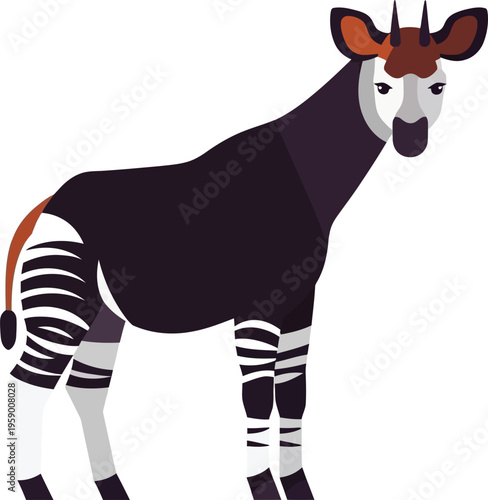 An illustration of an okapi standing in a natural environment with vibrant colors