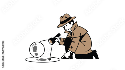 Detective examining a footprint with a flashlight, investigating a clue, mystery and crime solving concept illustration