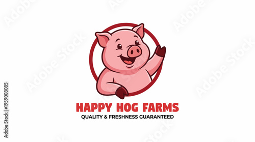 An adorable cartoon pig character, cheerful and inviting, ideal for farm branding, emphasizing quality products and freshness in a friendly and engaging manner.