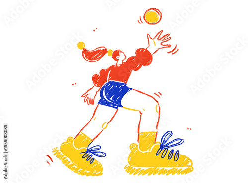 Hand drawn illustration of active woman playing sports, female athlete jumping for ball, colorful sketch of person in motion for fitness and lifestyle
