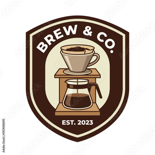 This logo design features a classic coffee brewing setup, perfect for a coffee shop establishing itself in 2023, emphasizing quality and craftsmanship in every brew.