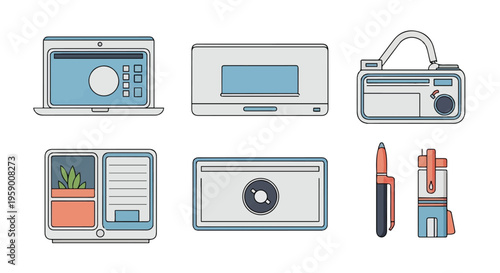 Vector illustration of a digital media player icon set featuring web buttons for music, video, and audio equipment including a camera lens, speaker, and radio symbols for computer technology