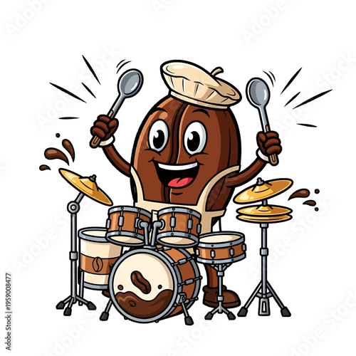 Animated Coffee Bean Playing Drums with Hat.