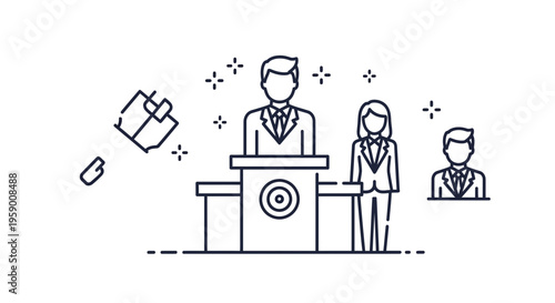 Business Presentation: Speaker at Podium with Audience Icons and Financial Elements