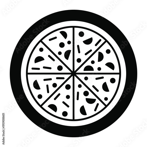 A simple illustration of a whole pizza with slices and toppings icon