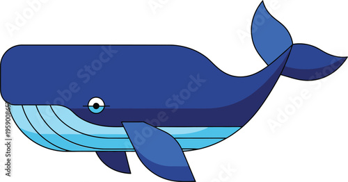 A blue cartoon whale swims in the ocean with fins and tail visible.