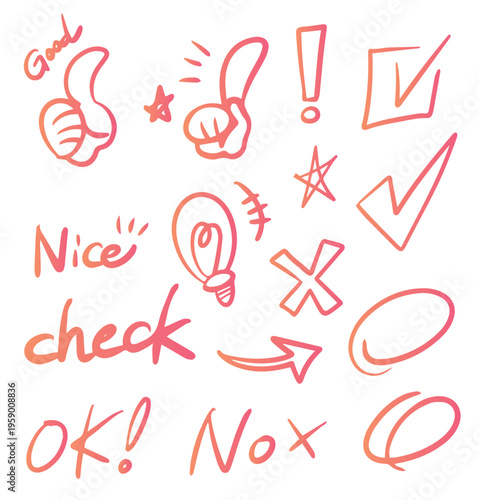 手書きのイラストセット チェックボックス 丸 矢印 ハンドサイン	落書き