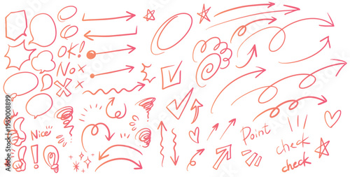 手書きのイラストセット 矢印 感情 丸 採点 ハンドサイン	落書き