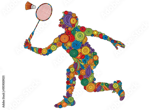 Colorful mosaic badminton player silhouette, vibrant geometric circle pattern athlete, artistic sports illustration with racket and shuttlecock