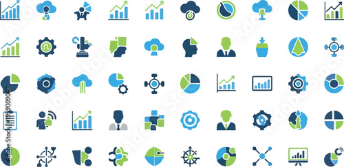Business icons, data visualization symbols, infographic elements, blue and green vector graphics