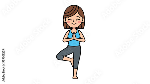 Cute Cartoon Woman in Yoga Tree Pose. Health, Wellness, Balance, and Mindfulness Illustration