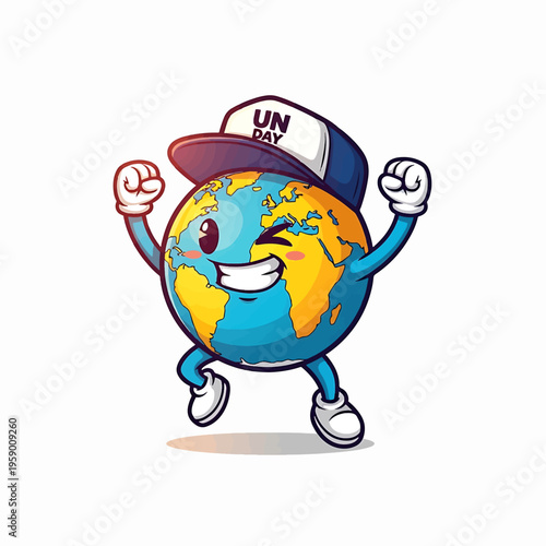 Cartoon Earth Character Wearing UN Cap and Showing Fists.