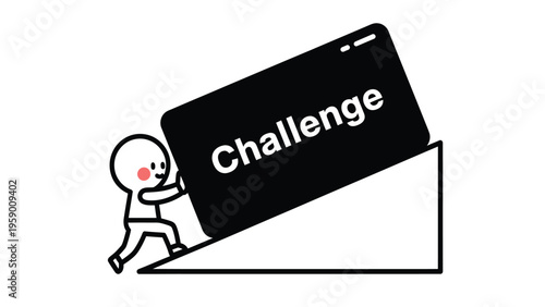 Cute cartoon character pushing "Challenge" block uphill, symbolizing effort, perseverance, and overcoming obstacles