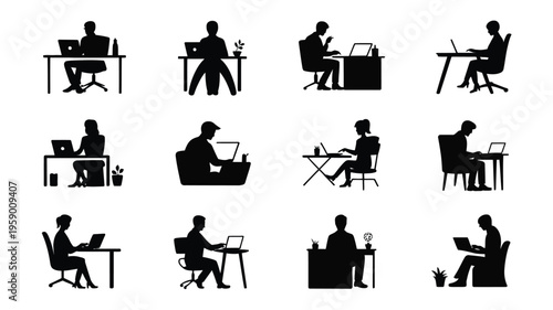Silhouette bundle of people working at home office desks with laptops and computers in various sitting positions