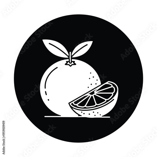 Citrus fruit illustration with whole and sliced orange on plate icon