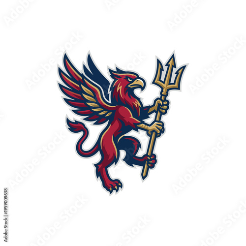 This emblematic logo showcases a fierce griffin holding a trident, representing strength, courage, and authority, great for sports teams or brands with character.