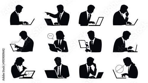 Collection of minimalist black silhouettes of business professionals working on laptops in various poses