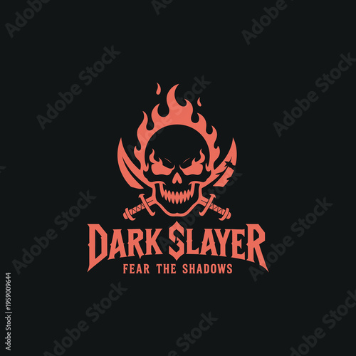 Dark slayer flaming skull with crossed swords mascot logo design