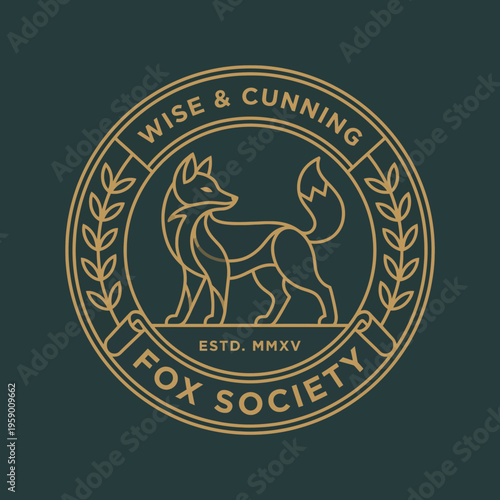 A sophisticated logo featuring a sleek fox, elegantly outlined, designed to represent wisdom, cunning, and community spirit, ideal for a society promoting intelligence and resourcefulness.