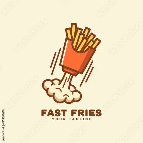 This vibrant logo features a playful illustration of a fries container with flying French fries, embodying a fun and energetic fast food brand identity perfectly.
