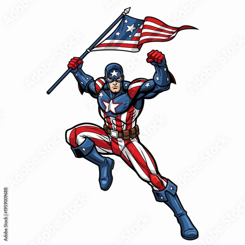 Superhero Character Wearing American Flag Costume and Holding Flag.