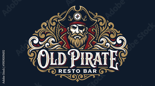 An intricately designed vintage logo featuring a pirate, symbolizing a unique dining experience with a nautical theme and a rich, adventurous atmosphere in a cozy bar.